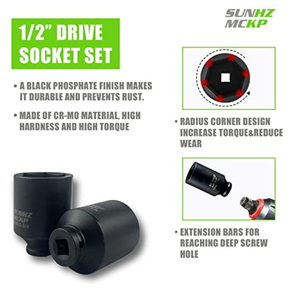 SUNHZMCKP 1/2" Drive Deep 6-Point Impact Socket Set, 8-Piece Standard SAE Spindle Axle Nut Impact Socket Set, Cr-Mo, 1-1/4-Inch to 1-3/4-Inch Size - color: 8-piece, size: 8-Pc 1/2" SAE Drive Impact Socket Set