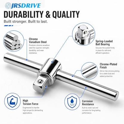 Sliding T Breaker Bar 1/2 inch Drive 10'' Length Socket Wrench Handle Heavy Duty Steel with High Torsion Force E-2210A