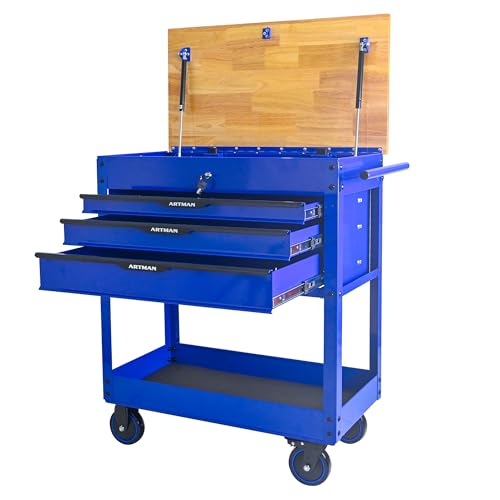 3-Drawer Rolling Tool Cart with Wood Lift-Up Top, Heavy Duty Lockable Mechanic Tool Chest with Wheels, Multifunctional Tool Storage Cabinet for Garage Warehouse Repair Shop (Blue) - color: Blue, size: Wood Lift-Up Top