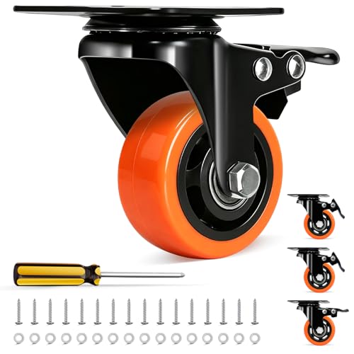 QNCZ Caster Wheels, 3 Inch Heavy Duty Casters Set of 4, Silent Industrial Casters Load 1500lbs, Swivel Casters for Furniture, Workbench and Cart Wheels - color: Orange, size: 3 IN
