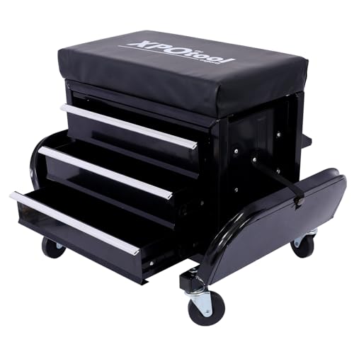 Mechanic Roller Seat with Tool Box, 3-Drawer Rolling Tool Chest Stool with Padded Seat Cushion, 350 LBS Capacity Padded Mechanic Stool with Side Tool Trays for Home, Garage, Workshop