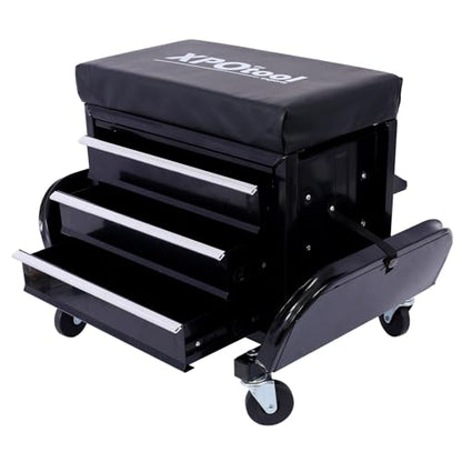 Mechanic Roller Seat with Tool Box, 3-Drawer Rolling Tool Chest Stool with Padded Seat Cushion, 350 LBS Capacity Padded Mechanic Stool with Side Tool Trays for Home, Garage, Workshop