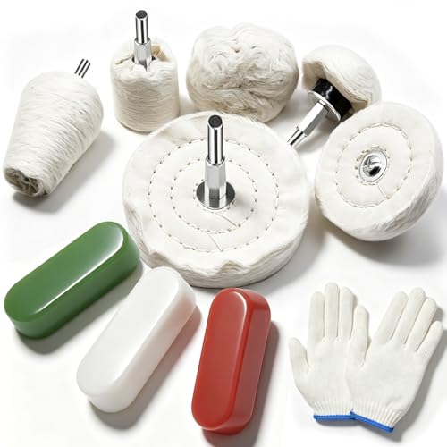 Tnisesm 10-Piece Buffing Wheel Kit for Drill with 3 Polishing Compound Bars & Protective Gloves, Multi-Shape Polishing Pad Set for Metal, Aluminum, Stainless Steel, Wood, Plastic, Ceramic
