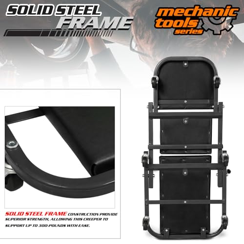 M-AUTO Foldable Z Creeper 2-in-1 Rolling Folding Car Creeper & Seat, 36" Adjustable Roller Garage Chair Lay Down or Sit, 330LBS Capacity Under Car Roller Creeper with 6 Swivel Casters, Black - color: Black, size: 36"
