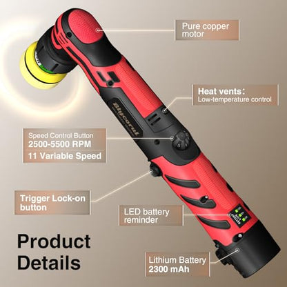 Cordless Mini Polisher,1/1.5/2Inch,DA&RO with 11 Variable Speed 2500-6000 RPM,2 * 2.3Ah Rechargeable Batteries,Red Car Detailing Micro Polisher