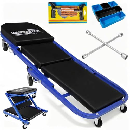 36" Folding Creeper with Tire Kit & Cross Wrench, 330 LBS, 6 Casters | Steel folding creeper converts to seat. Folds flat. 6 casters. Tire kit & 5 boxes. - color: Blue Black with Tire Kit, Wrench & Storage