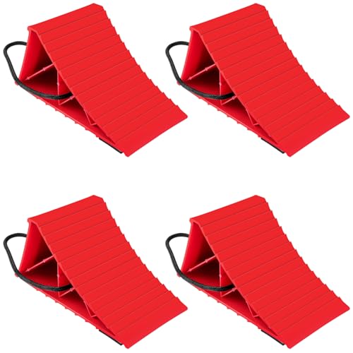 Wheel Chocks for Trailers, 4 Pack Hard Plastic RV Wheel Chocks with Non-Slip Base & Rope for Easy Removal, Tire Chock for Cars Wheels, Keep Your Truck or Camper in Place - color: Red