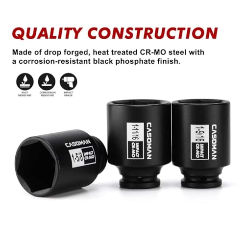 CASOMAN 11PCS 1/2-Inch Drive Large Impact Socket Set, 6 Point, 1-3/8-Inch to 2-Inch, SAE Spindle Axle Nut Impact Socket Set, CR-MO - size: 1/2" Dr. 11pcs (1-3/8" - 2")