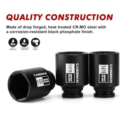 CASOMAN 11PCS 1/2-Inch Drive Large Impact Socket Set, 6 Point, 1-3/8-Inch to 2-Inch, SAE Spindle Axle Nut Impact Socket Set, CR-MO - size: 1/2" Dr. 11pcs (1-3/8" - 2")