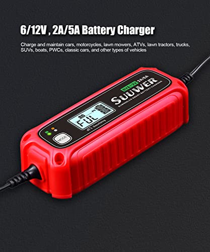Suuwer Automatic Battery Charger, 6V 2A & 12V 2A/5A Digital Smart Battery Maintainer for Car, Motorcycle, ATV, Boat More