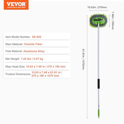 VEVOR Car Wash Brush, 62-Inch Extendable Car Washing Brush with Long Handle, Soft Chenille Fiber Car Wash Mop Mitt, 180° Rotatable Car Cleaning Brush with 1 Replacement Mop for Car, RV, Window, Floor - style: Soft Chenille Fiber head