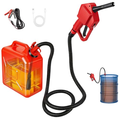 Portable Fuel Transfer Pump with Auto-Stop & Hand Nozzle, 80'' Pumping lift,fit different gas barrel sizes and depths, no adapters needed,3.8GPM, mulitiple power supply,for Gasoline, Diesel, Kerosene - size: 80''-3.8GPM