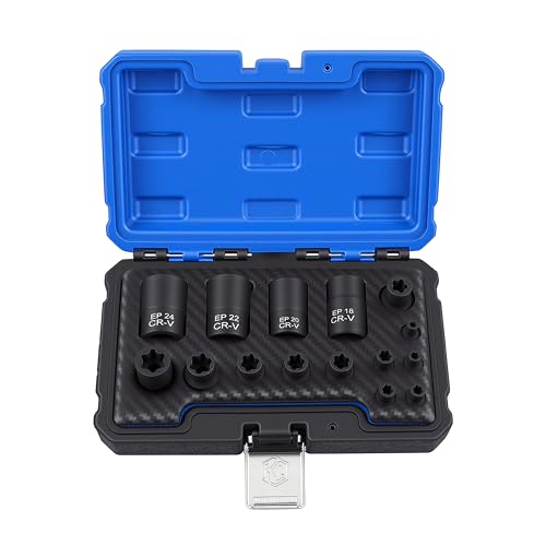 15pc External Torx Plus Socket Set Compatible with Tesla, 6 Point EP Sockets EP4, EP5, EP6, EP7, EP8, EP10, EP11, EP12, EP14, EP16, EP18, EP20, EP22, EP24 with 1/2'' 3/8'' 1/4'', Black - color: Black