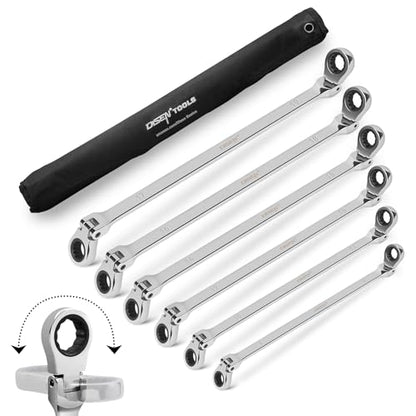 DISEN Extra Long Flex Head Ratcheting Wrench set, 6Pcs Double Box End Long Reach Ratchet Wrench Set Metric 8-19mm, CRV Steel, with Pouch, Gifts for Father, Man - style: Single Jointed Set