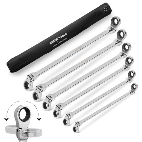 DISEN Extra Long Flex Head Ratcheting Wrench set, 6Pcs Double Box End Long Reach Ratchet Wrench Set Metric 8-19mm, CRV Steel, with Pouch, Gifts for Father, Man - style: Single Jointed Set