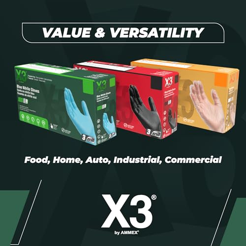 X3 Black Gloves, Disposable, Latex Free, Nitrile, for Cooking, Food Prep, 3 Mil, Powder-Free, Sizes Small through XX-Large - size: Large, style: 2 Boxes of 100