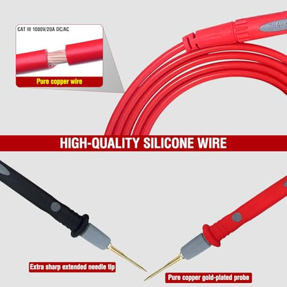 Professional Multimeter Test Leads Kit,Extra-Long Silicone Meter Leads 1000V 20A, High Temperature, Freeze & Tear Resistant for Fluke, Klein,AstroAI, Interchangeable Hard & Soft Probe Tips