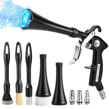 Car Detailing Air Cleaning Gun - Dry Blower Gun Works with Air Compressor | High Pressure Air Blaster with 2 Nozzles 3 Brushes 3 Connectors, Ergonomic Duster Tool for Car Interior Detailing Cleaning