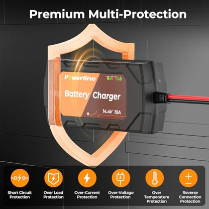 12V 10A Lithium Battery Charger, PowerUrus 12V 10A LiFePO4 Battery Charger, Samrt 12V Lithium Battery Chargers, 10A Trickle Battery Chargers, 12v Battery Maintainer for Deep Cycle Battery of Boat, RV