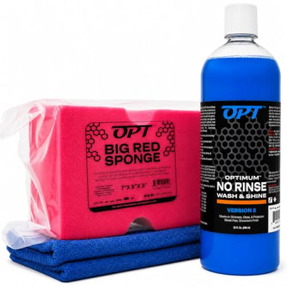 Optimum No Rinse Version 5 (32 Oz), Microfiber Drying Towel, and Big Red Sponge (BRS) Car Cleaning Kit, ONR Rinseless Car Wash, Drying Towel, and Wash Sponge for Washing and Auto Detailing - style: ONR, Sponge & Towel