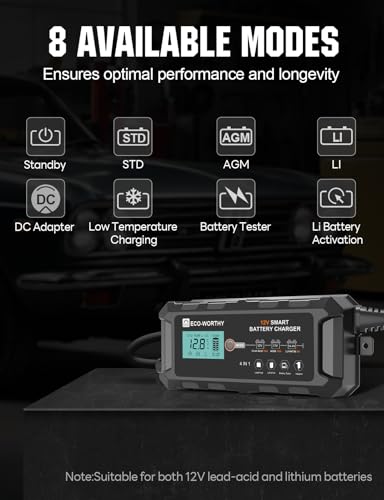 ECO-WORTHY 10A LiFePO4 Battery Charger 12V, Smart Lithium Battery Charger & Maintainer, Trickle Charger and Desulfator for Lead Acid, RV, Car, Motorcycle, Marine, Boat