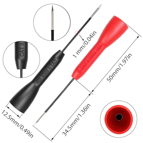 4 Pack 2mm Extended Needle Test Probes, Black & Red | 600V 10A, Insulation Piercing Probe Tips, Stainless Steel, Compatible with Fluke, Universal Test Leads