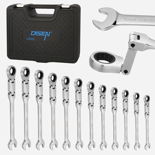 DISEN 12pcs Ratchet Wrenches Set Double Jointed, Metric Flex Head Ratcheting Wrench Set 8-19mm, Open End & Box End Combination Wrench, 72-Teeth, Cr-V Steel, with Heavy Duty Case - size: 12pc Metric Set