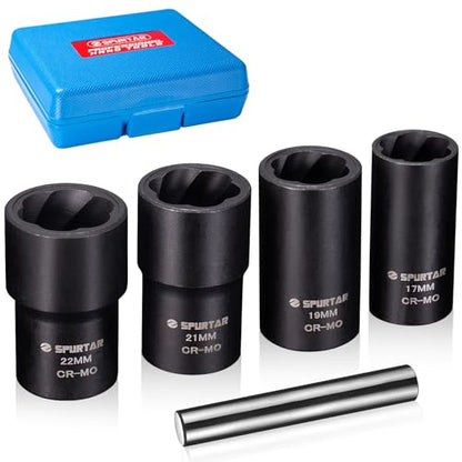 Spurtar 5 Pcs Lug Nut Removal Tool 17mm 19mm 21mm 22mm | 1/2 inch Drive Lug Nut Extractor Set Bolt Extractor Kit for Removing Damaged, Rounded Bolt