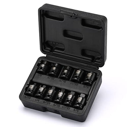 EMENTOL 11PCS 3/8" Drive Pipe Plug Socket Set, SAE, CR-MO, Tapered Male Square Drive- 3/16 Inch to 3/8 Inch, Chamfered Female Square Drive- 1/4 Inch to 3/8 Inch, 11 Pieces Set - size: 11PCS 3/8"Dr.