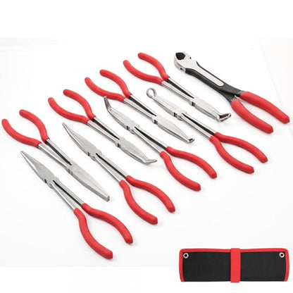 9 Piece 11 Inch Long Reach Pliers Set 45° 90° Bent, Circle, Diagonal Carbon Steel Needle Nose Pliers for Narrow Spaces and Limited Areas (Red) - color: Red