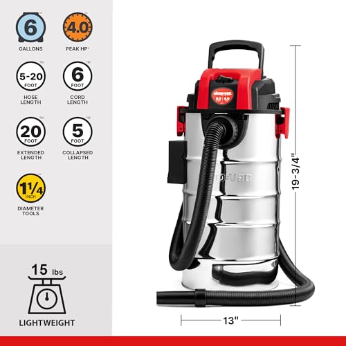 Shop-Vac 6 Gallon 4.0 Peak HP Wet/Dry Vacuum, Wall Mountable Shop Vacuum | Compact Shop Vac with Up to 20 ft Extra Long Hose & Accessories - Ideal for Jobsite, Garages, Car & Workshops - size: 6 gallon