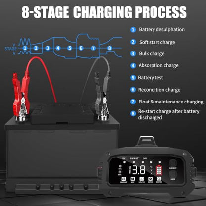 E-FAST 25A Smart Car Battery Charger, 12V/24V Automatic Automotive Battery Maintainer & Desulfator with 200s Booster Mode - Adjustable Amp Trickle Charger for Lead-Acid, AGM, Gel, LiFePO4