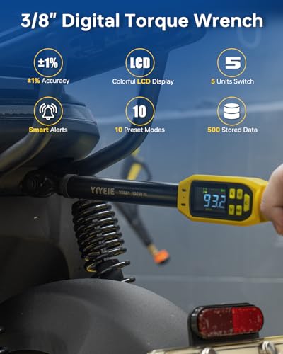 YIYEIE Digital Torque Wrench 3/8" Drive | 5-99.5 ft-lb | ±1% Accuracy | Smart Alert Multi | Electric Torque Wrench Digital for Bike/Moto/Auto, 2 Extension Bars Reach Tight Spaces