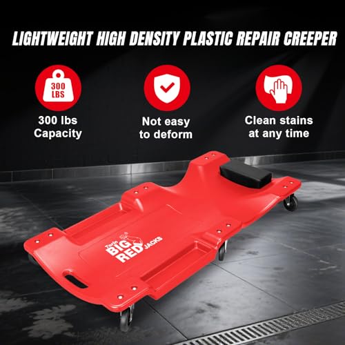 Big RED Plastic Rolling Garage/Shop Creeper: Dual Tool Trays and 6 Casters, Red，40" Mechanic Cart with Padded Headrest