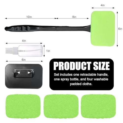 Car Windshield Cleaning Tool, Microfiber Auto Window Cleaner with 4 Cloth Pads & Long Handle, Reusable Window Cleaning Tool Kit for RV SUV Truck, Car Accessories (Green) - color: Green