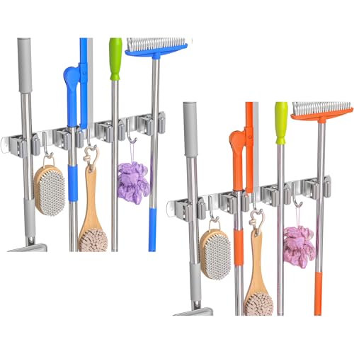 Broom Holder Wall Mount Mop Organizer, 4 Racks 3 Hooks, 2 Pack | Premium Stainless Steel Broom Hanger for Durable Rustproof Tool Rack Storage in Home, Kitchen, Garden, Laundry, Garage - size: 4 Racks 3 Hooks