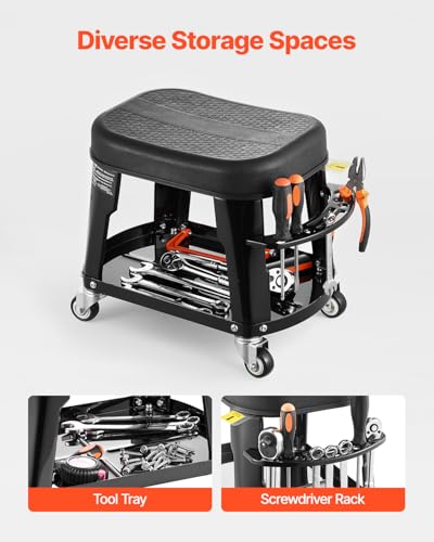 VEVOR Mechanic Stool, 300 lbs Capacity, Black, Industrial Style, Plastic Seat, Wheels, 360 Swivel, Tool Tray, Screwdriver Rack - color: Black