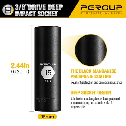 3/8” Drive Deep Impact Socket, Metric(15mm socket), 6-Point, Cr-V Steel With Black Manganese Phosphate Coating - size: 15 mm