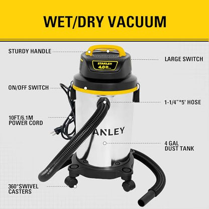 STANLEY 4 Gallon Shop Vacuum Wet and Dry, 4 Peak HP Stainless Steel | Compact Shop Vac, Portable Wet Dry Vacuum Cleaner, for Garage, Workshop, Basement, Car Detailing, Outdoor
