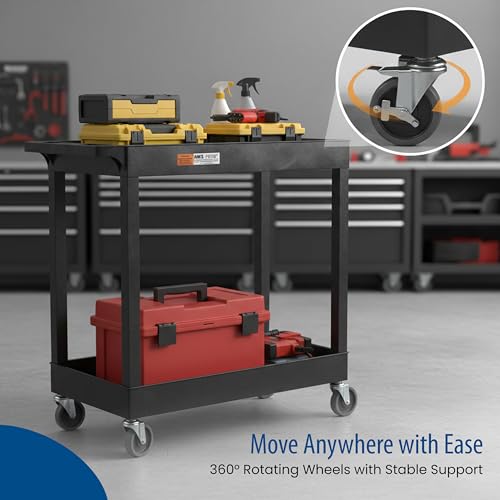 Luxor 32" x 18" Tub Storage Cart 2 Shelves - Black, (EC11-B) | Heavy-duty HDPE plastic utility rolling station with 4 inch swivel casters; ideal for mechanic garage, warehouse and office