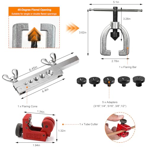 Brake Line Flaring Tool Kit, 3/16", 1/4", 5/16", 3/8" and 1/2" Brake Tubing Repair Kit with Tube Cutter & Adapters, Double & Single Flare Tool Set for Copper and Aluminum Fuel Line