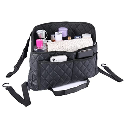 Modern Minimalist Car Seat Storage Bag - Black Faux Leather Caddy - Automotive Seat Back Organizer - 2 Compartments - Rectangular - Durable - Seat-back mounted - 15.35 x 3.94 x 10.63 inches - color: Upgraded Black B