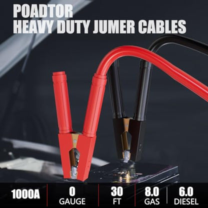 Heavy Duty Jumper Cables for Car Battery, 0 Gauge 30 Feet 1000AMP, Automotive Booster Cables for Jump Starting Dead or Weak Batteries, Suitable for 8L Gas & 6L Diesel, Carrying Bag Included - size: 0 Gauge （30FT）