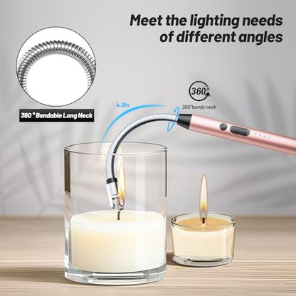 VEHHE Long Lighters Rechargeable with Safety Switch, USB C Lighter with 360° Flexible Neck, Windproof Flameless Plasma Arc Lighter with Led Battery Display for Fireworks BBQ Camping (Rose Gold) - color: Rose Gold