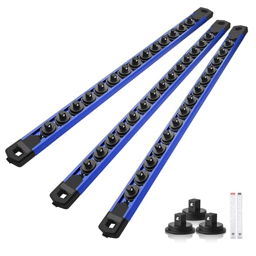 Reniteco Magnetic Socket Organizer Set, 3-Pack 1/4” Socket Rails | 42 Clips, Heavy-Duty Aluminum Alloy Rails, Removable 360° Swivel ABS Clips, Magnetic Base, Tool Box Drawer or Wall Mount - color: Blue, size: 1/4-Inch Drive,3pc