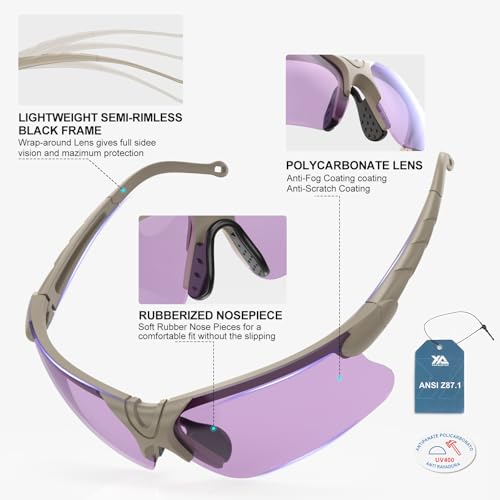xaegistac Shooting Glasses with Case-Safety Glasses Anti Fog | Z87.1 Certificated Impact Resistance Safety Glasses for Hunting Shooting Sports - color: Purple Lens Khaki Frame