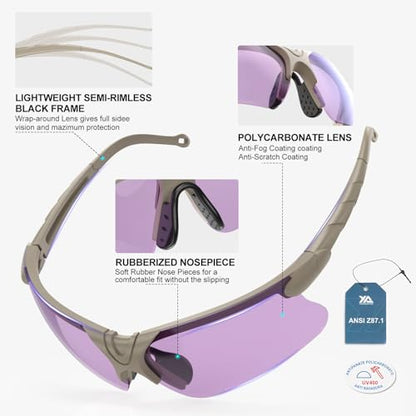 xaegistac Shooting Glasses with Case-Safety Glasses Anti Fog | Z87.1 Certificated Impact Resistance Safety Glasses for Hunting Shooting Sports - color: Purple Lens Khaki Frame
