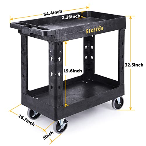 ELAFROS 2-Tier Utility Rolling Cart, 34 x 17 in, 5" Swivel Wheels, 550lb | Deep Tub Shelves, Plastic Service Cart, Work Cart, Tool Cart, Tub Storage Organizer, Warehouse Garage Cleaning Supplies