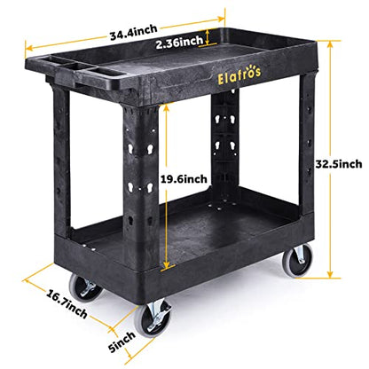 ELAFROS 2-Tier Utility Rolling Cart, 34 x 17 in, 5" Swivel Wheels, 550lb | Deep Tub Shelves, Plastic Service Cart, Work Cart, Tool Cart, Tub Storage Organizer, Warehouse Garage Cleaning Supplies