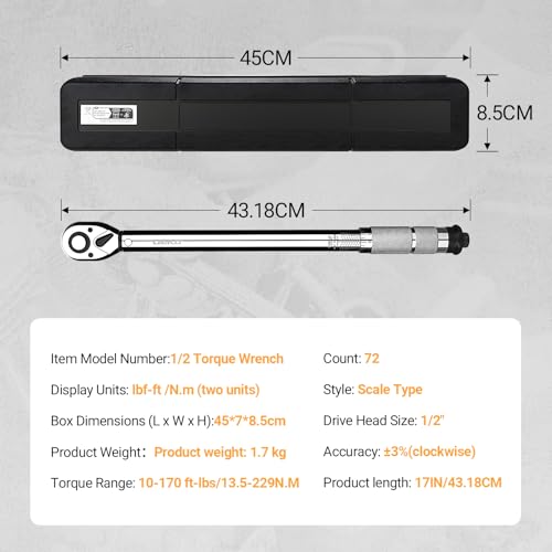 DEKOPRO Torque Wrench 1/2 Inch Drive Click, 10-170 Ft-Lb/13.5-229 Nm Car Torque Wrench, ±3% High Precision, 72 Tooth Torque Wrenches with Dual-Direction Adjustable for Bicycle, Car, Moto - size: 1/2 Inch (10-170 ft.-lb.)